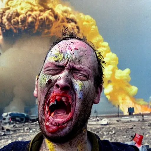 Prompt: a selfie of a ukrainian screaming in pain and terrible injuries from a nuclear explosion, everything is on fire and radiation, in the background people look like zombies are corpses and chocklets, a large nuclear explosion in the background, people are painted in yellow - blue uveta, all dirty with severed limbs, bad day