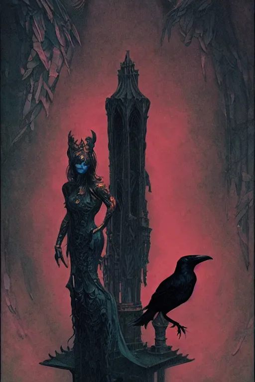 Prompt: raven perched on a statue of beautiful woman in a dark gothic room, full frame, by wayne barlowe, peter mohrbacher, kelly mckernan, james o barr