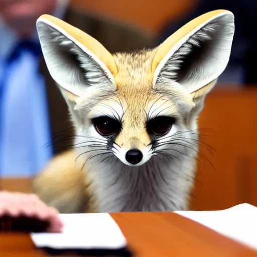 Image similar to a fennec fox testifying in court, photography, highly detailed