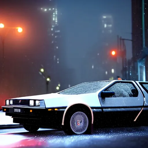 Image similar to hyperdetailed, photorealistic photograph of a dmc 1 2 delorean driving in the streets, rain, night, dense fog, hd, unreal engine 5