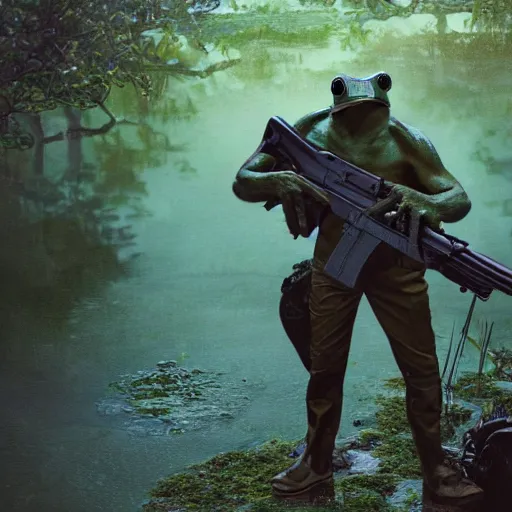 Image similar to cinematic shot of an anthropomorphic frog wearing a blue suit holding a black ak-47 in a swamp, highly intricate, highly detailed, epic,