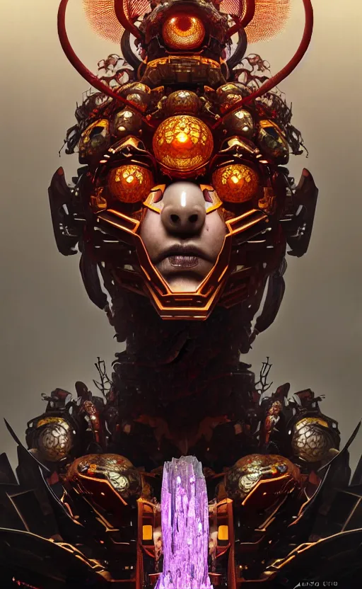 Image similar to asura from chinese myth, ghost, gorgeous and huge head ornaments, dystopian, cyberpunk, organic fractal mycelum and fungi, mecha, halfturn portrait of a big crystal face made of crystals half - turn, ominous, intricate, studio, art by anthony macbain + greg rutkowski + alphonse mucha, concept art, 4 k, sharp focus