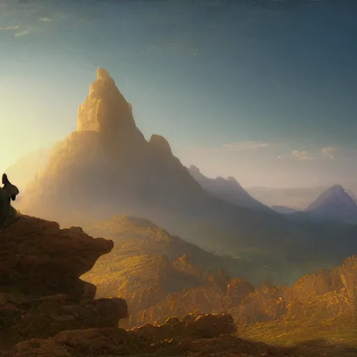 Image similar to an ultradetailed matte landscape painting of a large mountain made into a sculpture of a woman, sunrise on the horizon in the background, stone hand raised up, 8 k, art by greg rutkowski and albert bierstadt