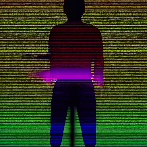 Prompt: a cinema c 4 d 3 d render of a small silhouette of a man standing in front of orange, green and cyan neon glowing vertical stripes by beeple, trending on artstation, 8 k resolution