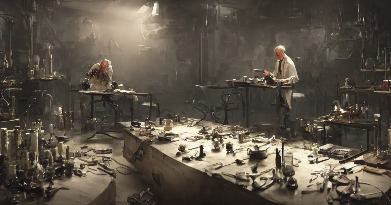 Image similar to realistic image from scifi movie with old doctor creating new humanoid robots in his laboratory, table with scifi tools, reflections, volumetric fog light, dark atmosphere, dramatic cinematic composition, depth, defocus, rendered in vray, raytracing, raymarching, by ilm, digital domain, weta digital