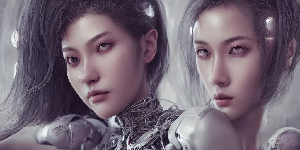 Image similar to hyper realistic photography, beautiful cyborg female, intimate holding close, in the style jin kagetsu, wlop, highly detailed, intricate filigree, symmetry, masterpiece, concept art, highkey lighting, ambient lighting, octane render, 8 k, artstation