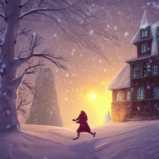 Prompt: woman running Evil castle in the snow, inspired by Evgeny Lushpin,George, greg rutkowski winter,nighttime,cinematic,art station