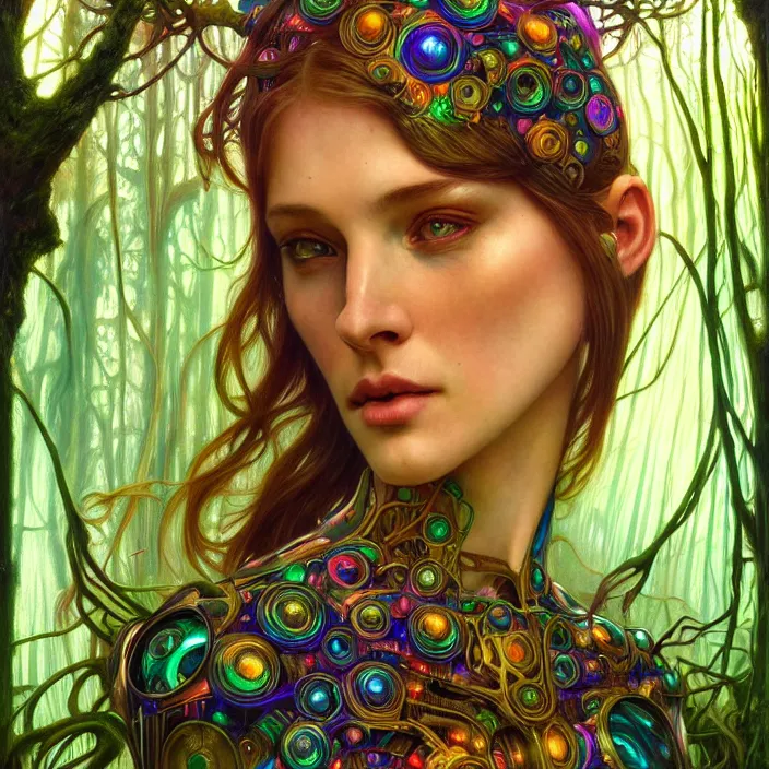 Image similar to bright psychedelic portrait of intelligent organic cyborg in an ancient forest, diffuse lighting, fantasy, intricate, elegant, highly detailed, lifelike, photorealistic, digital painting, artstation, illustration, concept art, smooth, sharp focus, art by John Collier and Albert Aublet and Krenz Cushart and Artem Demura and Alphonse Mucha