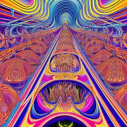 Prompt: beautiful and highly detailed painting of the inside of a dmt hyperspace filled with intricate and perfect patterns surrounded by infinite detailed rooms by moebius and alex grey