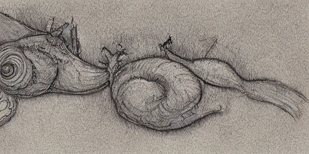 Image similar to found in snails with a sunrise and road landscape with lynxes and teeth in pen drawing style and pencil color