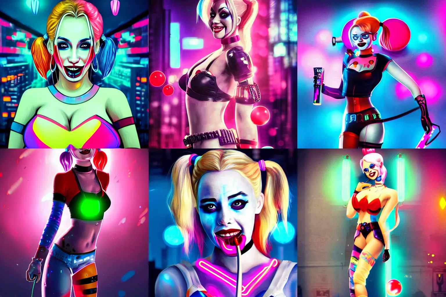 Prompt: beautiful harley quinn standing, smiling softly, blowing bubblegum, cyberpunk setting, beautiful cityscape background, neon signs, vibrant colors, holograms, 4k, 40mm camera, artstation trending, digital art