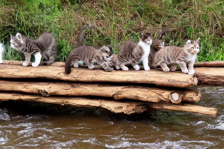 Prompt: kittens walking on a log bridge crossing a river