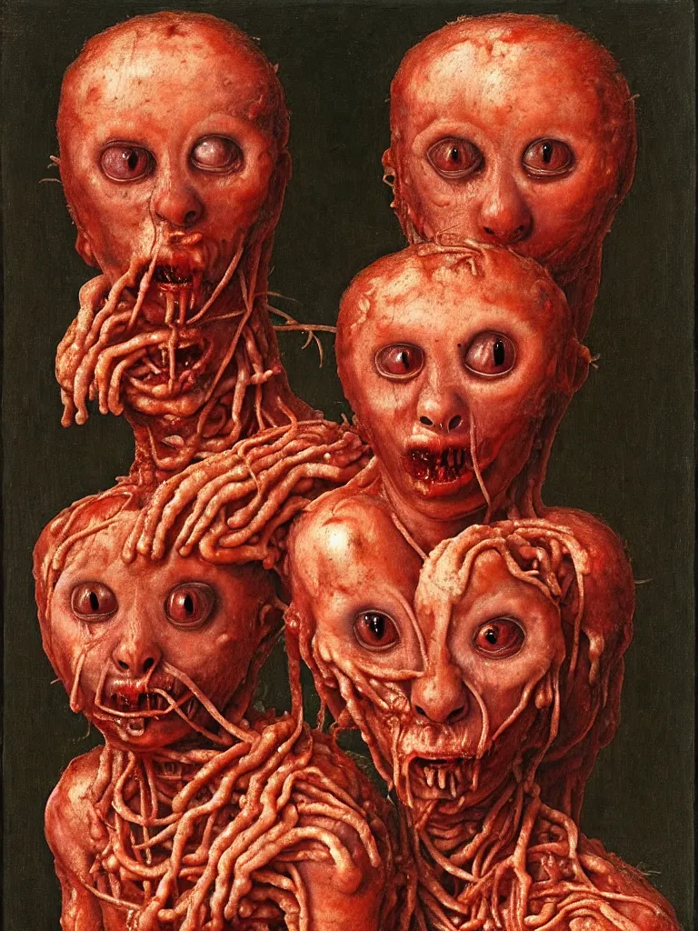 Image similar to siamese twins made of hair and meat sitting in a tub full of tomato sauce, looking straight into camera, screaming in desperation, by giuseppe arcimboldo and ambrosius benson, renaissance, intricate and intense oil paint, a touch of joseph cornell, beksinski and hr giger and edward munch, realistic