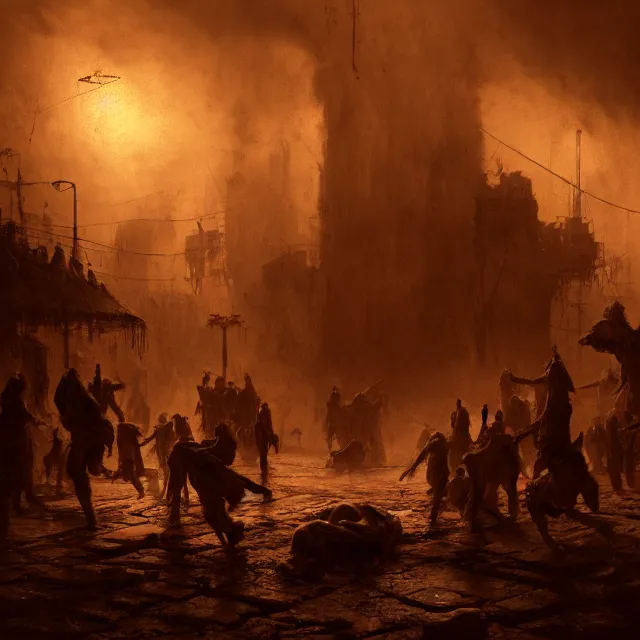 Prompt: action scene sepia painting of hell with people suffering, atmospheric lighting, brooding, painted, intricate, ultra detailed, well composed, best on artstation, cgsociety, epic, horror, stunning, gorgeous, intricate detail, much wow, masterpiece, cinematic aesthetic octane render, 8 k hd resolution,
