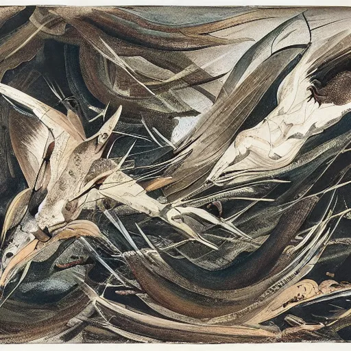 Image similar to by john james audubon, by jackson pollock flowing. a body art of a winged creature, flying high above a group of people in a dark, wooded area. the creature's wings are spread wide & its head is turned upwards, looking towards the sky. people below looking up at creature awe & fear.