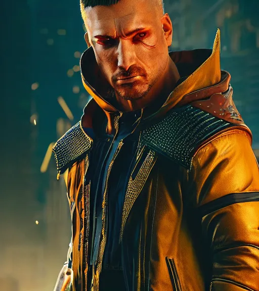 Image similar to cyberpunk 2 0 7 7, charismatic rugged male battle goku - mage portrait, clothed in hooded, metal - plated battle armor atmospheric lighting painted intricate volumetric lighting, beautiful, sharp focus, ultra detailed by leesha hannigan, ross tran, thierry doizon, kai carpenter, ignacio fernandez rios