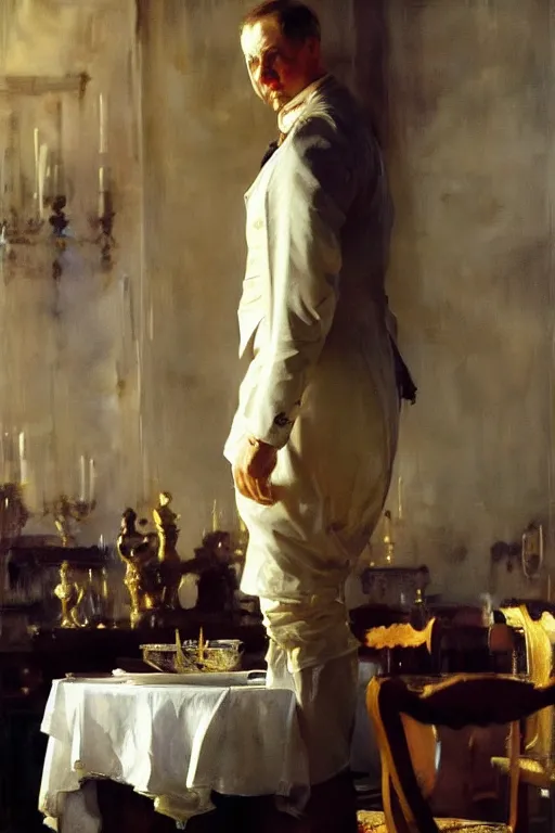 Image similar to portrait of a respectable dignified royal business elite politician standing on top of a finely set table calmly stepping in the food art by anders zorn, wonderful masterpiece by greg rutkowski, beautiful cinematic light, american romanticism by greg manchess, jessica rossier