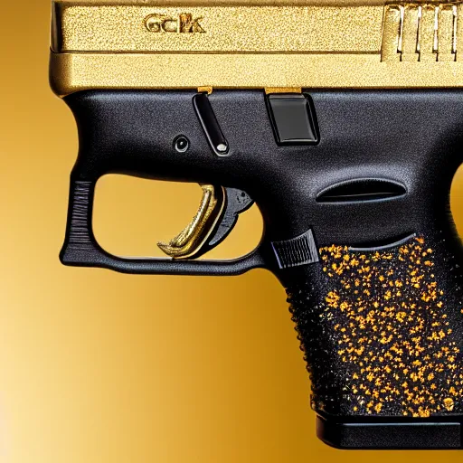 Prompt: a medium shot photograph of a gold glock 18 encrusted with gemstones against a smooth silk background