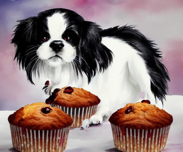 Image similar to white and black japanese chin dog eating cherry muffins, water painting