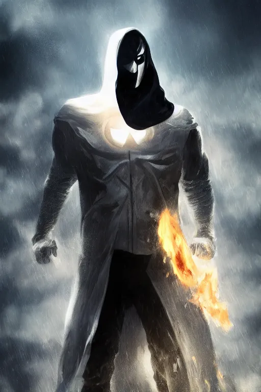 Image similar to characters portrait of Moon Knight mixed with Ghostrider by Alyssa Monks, full-shot, merged character, Full body shot, cinematic opening shot, 4k, highly detailed, cinematic lighting