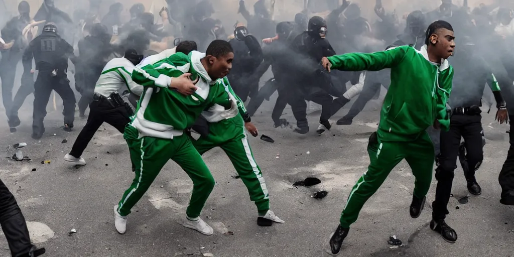 Image similar to photo of young men wearing green and white tracksuits fighting cops in a riot with burning cars, mid shot, editorial photography, night