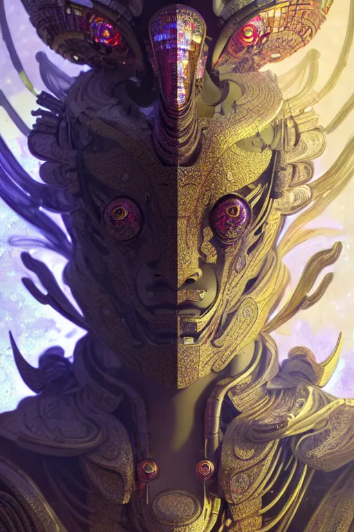 Image similar to asura from chinese myth, ghost, gorgeous and huge head ornaments, dystopian, cyberpunk, organic fractal mycelum and fungi, mecha, halfturn portrait of a big crystal face made of crystals half - turn, ominous, intricate, studio, art by anthony macbain + greg rutkowski + alphonse mucha, concept art, 4 k, sharp focus