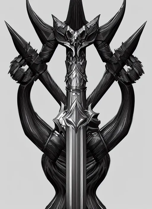 Image similar to a black and silver sword skull crest, orthographic, ornament, weapon, a 2 d render by dom qwek, front side, concept art, trending on polycount, artstation, hard surface modeling, rendered in maya, zbrush, hd, vray, blizzard, symmetry