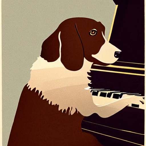 Image similar to a brown spaniel with a white chest , sat down playing a grand piano.modern. book illustration, lighting. Artwork. no text