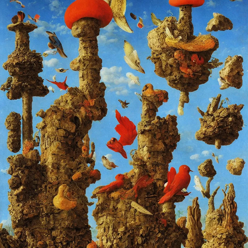 Prompt: a single! colorful! ( stone ) fungi bird tower clear empty sky, a high contrast!! ultradetailed photorealistic painting by jan van eyck, audubon, rene magritte, agnes pelton, max ernst, walton ford, andreas achenbach, ernst haeckel, hard lighting, masterpiece