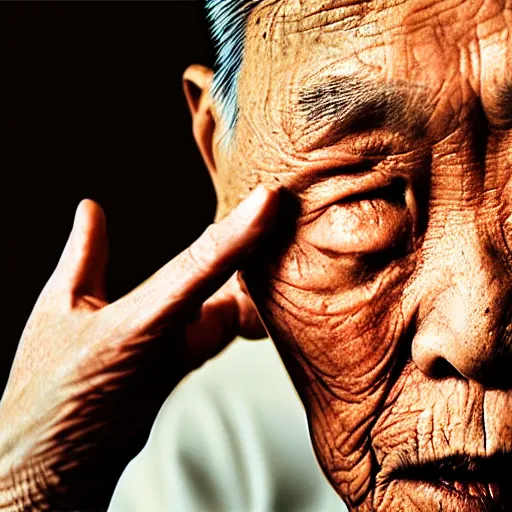 Image similar to a portrait of centenarian justin sun with qrcode tattoo on face in prison looking through the laser of his cell, by annie leibovitz, shallow depth of field, cinematic lighting, colorful dystopian futurism