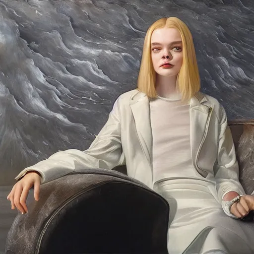Prompt: Elle Fanning sitting on a white leather chair in the world of Adam Adamowicz, head and shoulders portrait, stormy weather, extremely detailed masterpiece, oil on canvas, low-key neon lighting, artstation, Blade Runner 2049, Roger Deakin’s cinematography, by J. C. Leyendecker and Peter Paul Rubens and Edward Hopper and Michael Sowa,