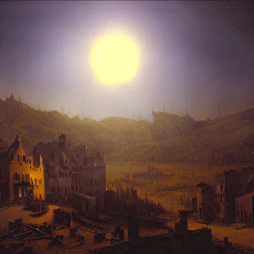 Image similar to dark solar eclipse, above a village, highly detailed, studio 4 k quality, by carl gustav carus