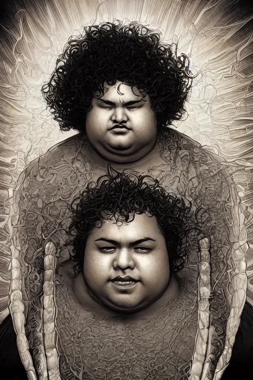 Image similar to a young chubby mexican man with curly hair, by artgerm and yoshitaka amano and moebius and hr giger and zdislaw beksinski and alphonse mucha, hyperdetailed, symmetry, glamour, surreal, dc comics, ornate, stunning, nebula, explosions in the sky, trending on artstation