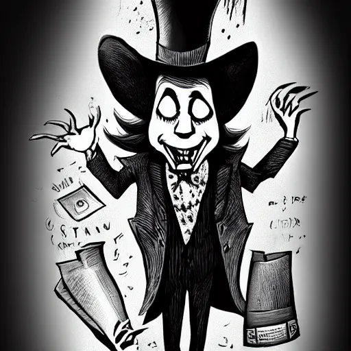 Image similar to a Pop Wonder scary horror themed goofy-hilarious-character Mad-Hatter-babadook-wearing a scarf, 3-piece-suit, dime-store-comic drawn with charcoal and pen and ink, half-tone-line-stacking