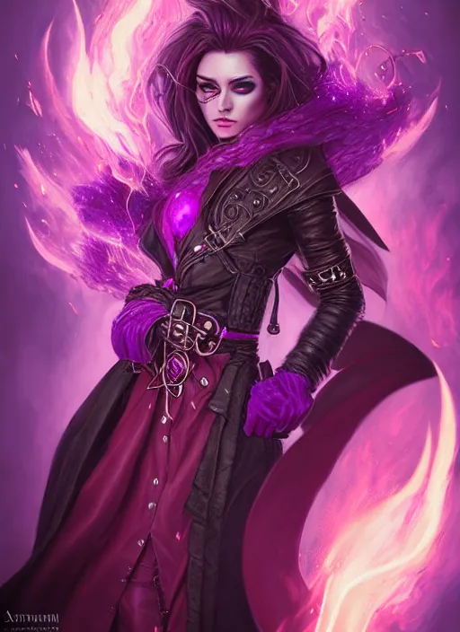 Prompt: portrait of a mix between necromancer and pyromancer, female, shiny purple fire and decadence, leather coat, high fantasy, dnd, face details, extremely detailed, smooth, sharp focus, digital illustration, by artgem, rossdraws, sakimichan
