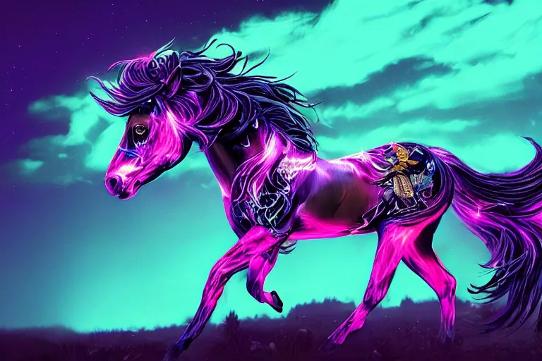 Image similar to a stunning horse with bioluminescent mane and tail running in the sky by sandra chevrier and greg rutkowski, neon hooves, purple blue color scheme, vaporware, retro, outrun, high key lighting, volumetric light, digital art, highly detailed, fine detail, intricate, ornate, complex, octane render, unreal engine, photorealistic