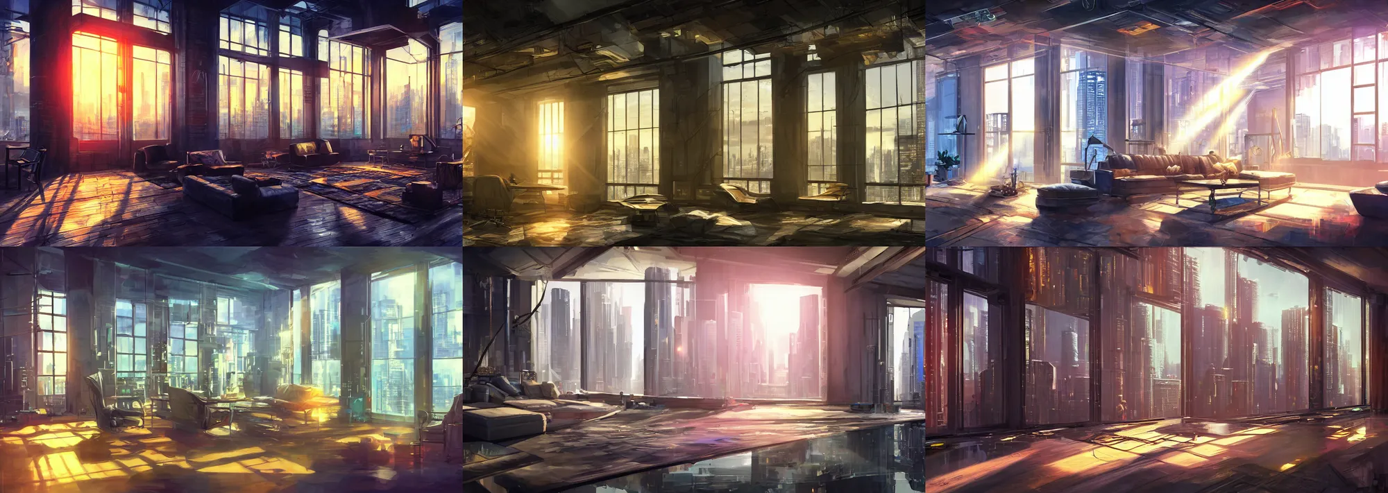 Prompt: picture of an interior loft, luxury, interior design, tall windows, reflections, cyberpunk city, first light, sunshafts, volumetric lights, colorful, concept art, art station, by kev walker