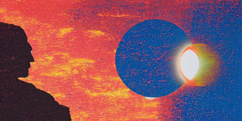 Prompt: a solar eclipse in the sky above, the city of ancient babylon below, the city is on fire, silhouette of a single observer in the foreground, thick impasto paint, double exposure, Chromatic Aberration