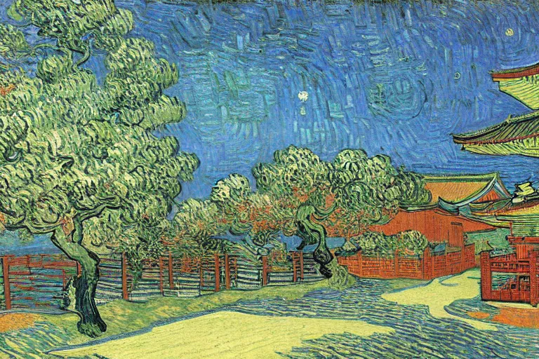 Prompt: japanese scenery in edo period, by vincent van gogh, high saturation