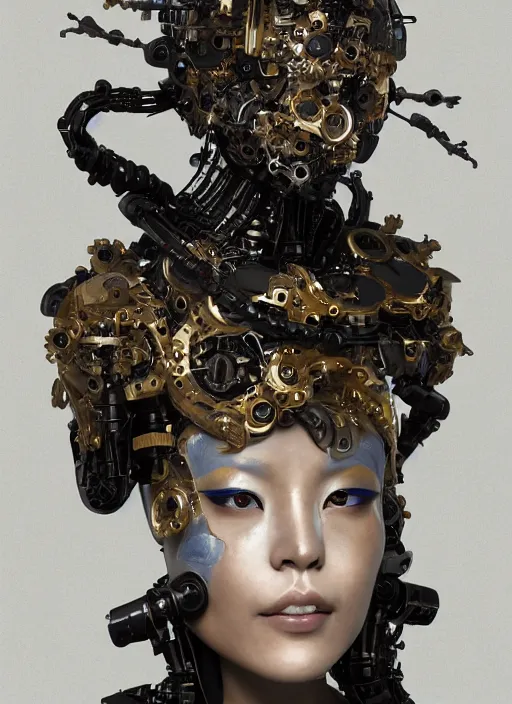 Image similar to portrait of a futuristic geisha cyborg, made from mechanical parts, kintsugi, modern fine art, fractal, intricate, elegant, highly detailed, digital photography, subsurface scattering, in the style of ghost, by jheronimus bosch and greg rutkowski,