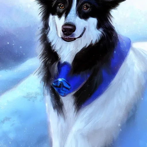 Image similar to beautiful portrait of a cute male anthropomorphic border collie fursona wearing a blue cowboy outfit in a tundra. character design by charlie bowater, henry asencio, and ross tran. scenic background, detailed, glamor pose, aesthetic, trending on artstation, top rated on furaffinity and deviantart