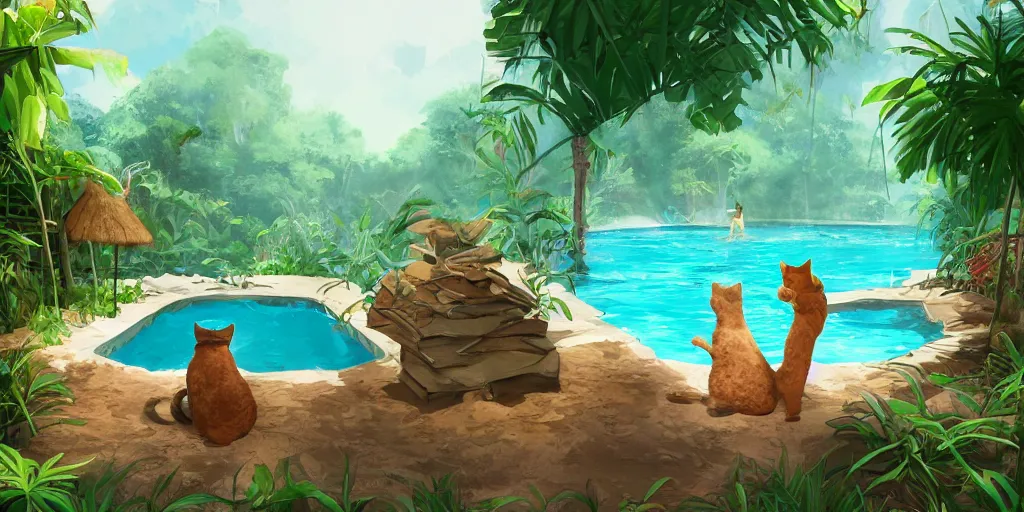 Image similar to swimming pool in the middle of the jungle a cat and a dog playing around , empty beach chair , highly detailed, digital painting, artstation, concept art