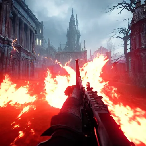 Image similar to looking down rifle in first person shooter bloodborne, background out of focus, flames, dark
