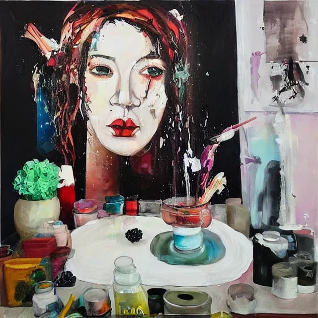 Image similar to “ a portrait in a female art student ’ s apartment, sensual, art supplies, paint tubes, palette knife, pigs, ikebana, herbs, a candle dripping white wax, black walls, squashed berries, berry juice drips, acrylic and spray paint and oilstick on canvas, surrealism, neoexpressionism ”