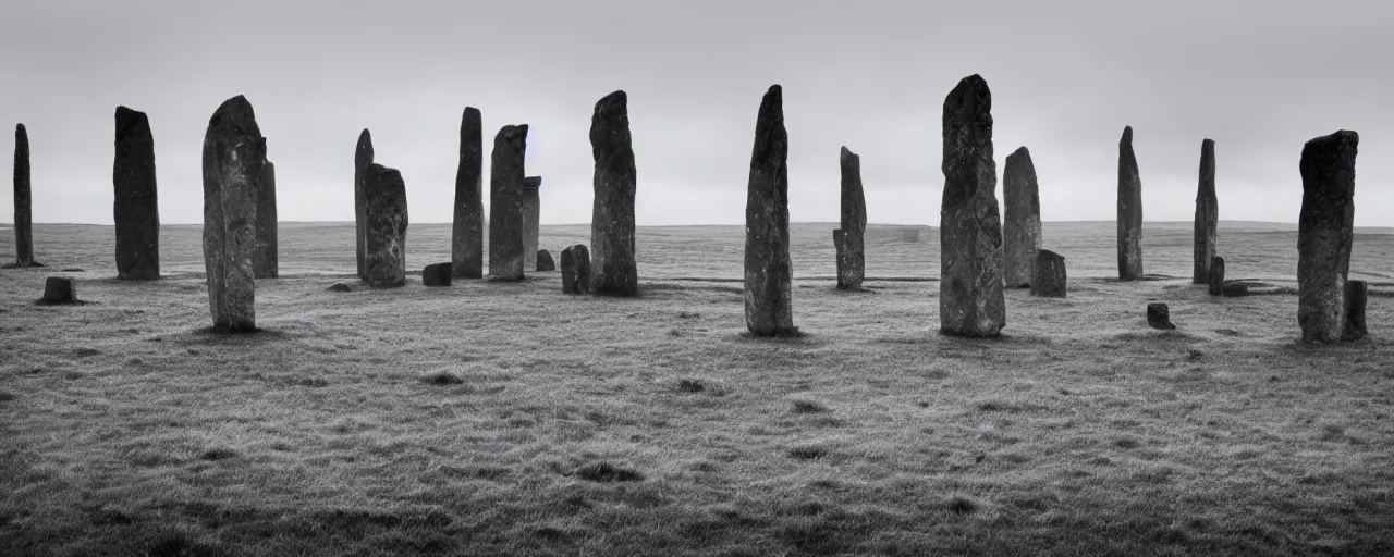 Prompt: 'an army of cats sit in front of the neolithic standing stones of stenness, haunting, fog, grainy, snowing, atmospheric clouds'