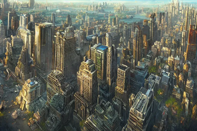 Prompt: an epic aerial view of manhattan in the jurassic era, wide angle, atmospheric, cinematic, highly detailed digital art, painted by tyler edlin