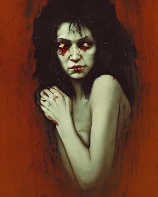 Image similar to a beautiful but sinister ethnically ambiguous woman in layers of fear, with haunted eyes and wild hair, 1 9 7 0 s, seventies, woodland, a little blood, wildflowers, moonlight showing injuries, delicate embellishments, painterly, offset printing technique, by brom, robert henri, walter popp