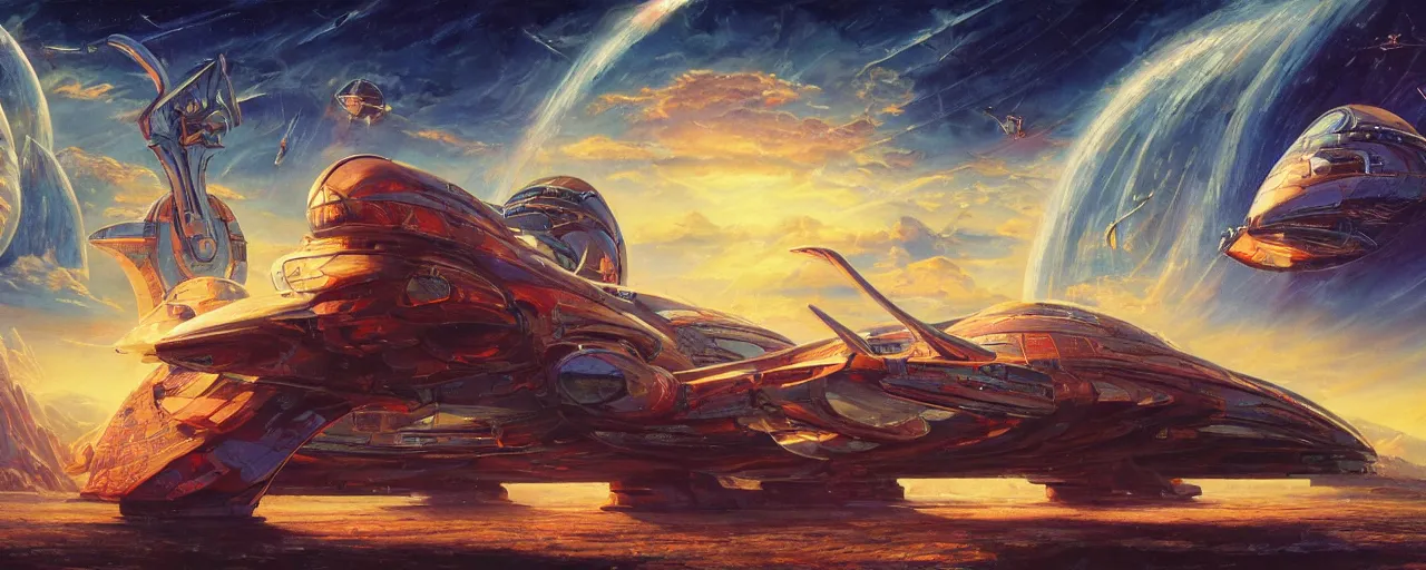 Image similar to stylish spaceship in retro scifi landscape, beautiful colours, sharp textures, nikolay georgiev, alex ross, bruce pennington, donato giancola, larry elmore, masterpiece, oils on canvas, trending on artstation, featured on pixiv, cinematic composition, sharp, details, hyper - detailed, hd, hdr, 4 k, 8 k