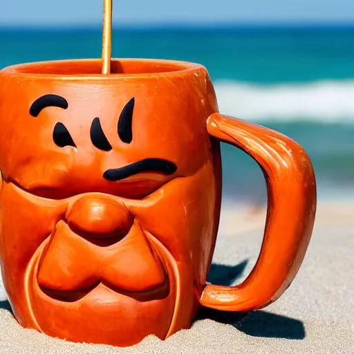 Prompt: a closeup photorealistic photograph of a glossy orange cat garfield style tiki mug sitting at a trader vic's beach bar featuring garfield's face. tiki theme. bright scene. fine detail. this 4 k hd image is trending on artstation, featured on behance, well - rendered, extra crisp, features intricate detail, epic composition and the style of unreal engine.