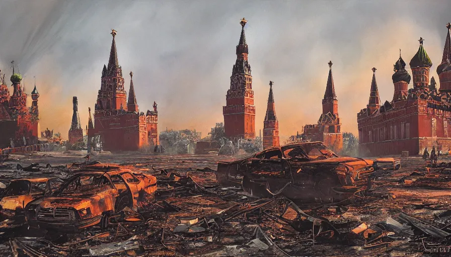 Prompt: A detailed render of a post apocalyptic scene of Kremlin in Moscow ruined and devastated by fires, burned down rusty Moscow buses in flood water, sci-fi concept art, by Syd Mead, highly detailed, oil on canvas